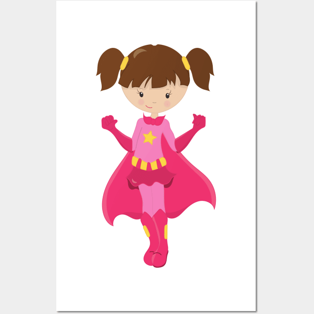 Superhero Girl, Brown Hair, Pink Cape, Cute Girl Wall Art by Jelena Dunčević